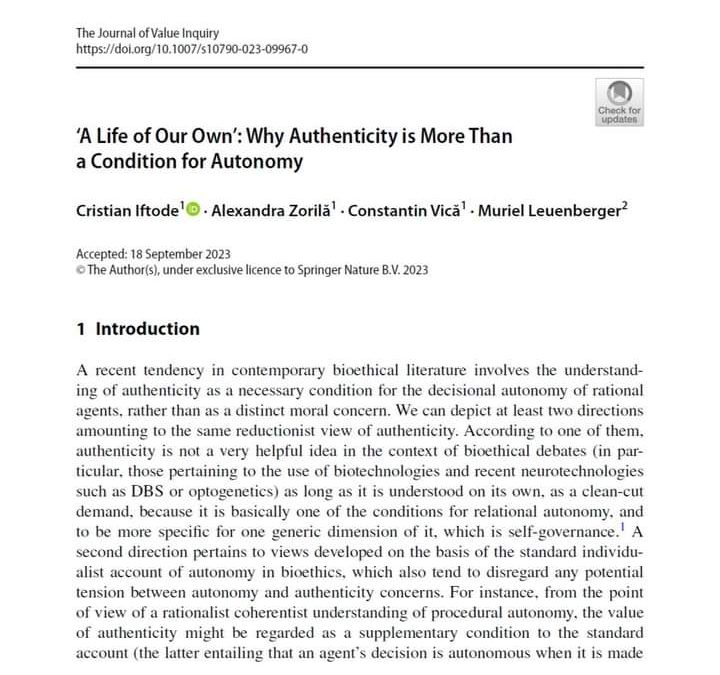 „A Life of Our Own’: Why Authenticity is More Than a Condition for Autonomy”, articol publicat de colegii noștri Cristian Iftode, Alexandra Zorilă și Constantin Vică în revista The Journal of Value Inquiry, Springer Nature