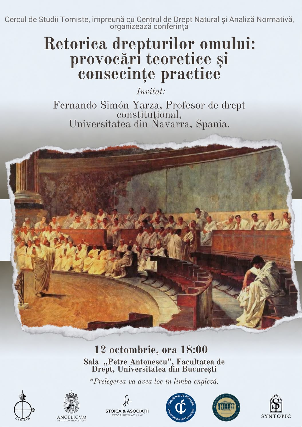 Conferință „Retorica drepturilor omului: provocări teoretice și consecințe practice” – Prof. Fernando Simón Yarza, 12 octombrie 2026
