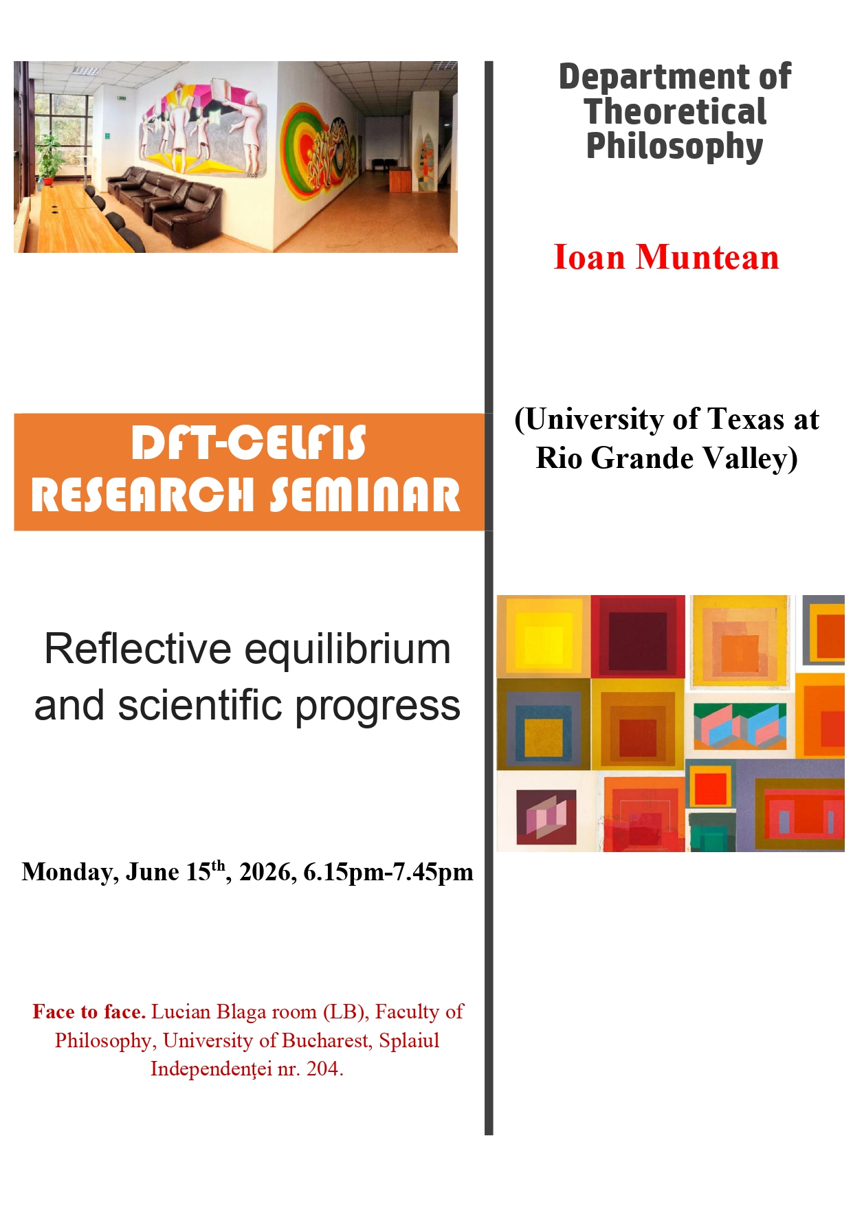 Un nou seminar DFT-CELFIS: ‘Reflective equilibrium and scientific progress’, Ioan Muntean, 15 iuni