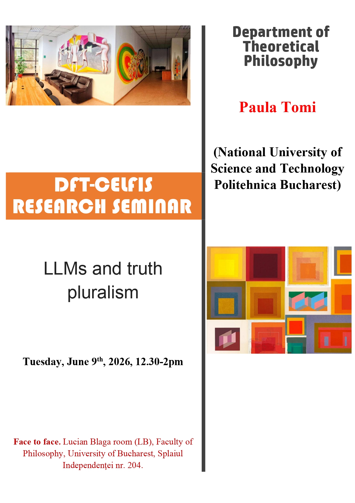 Un nou seminar DFT-CELFIS: „LLMs and truth pluralism”, Paula Tomi, 9 iunie 2026