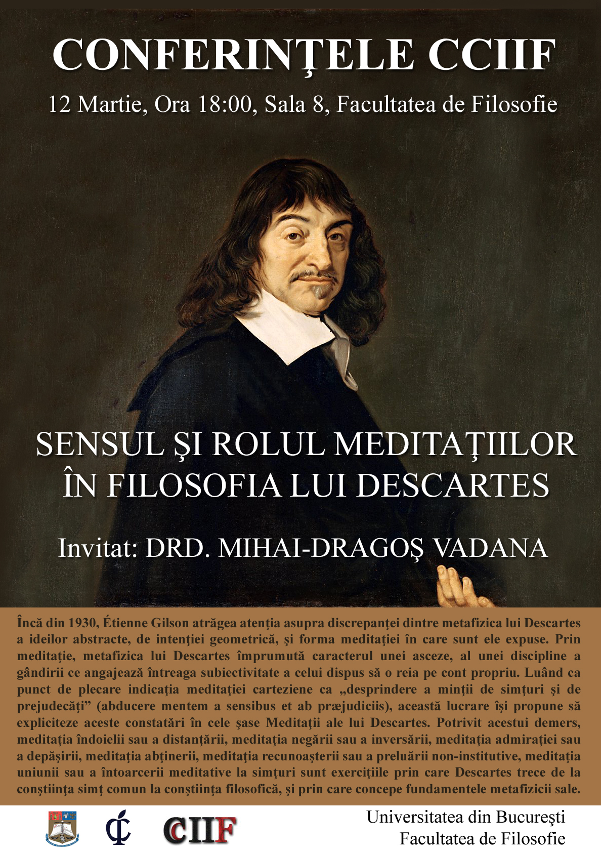 CCIIF: Comunicarea „Sensul și rolul meditațiilor în filosofia lui Descartes”