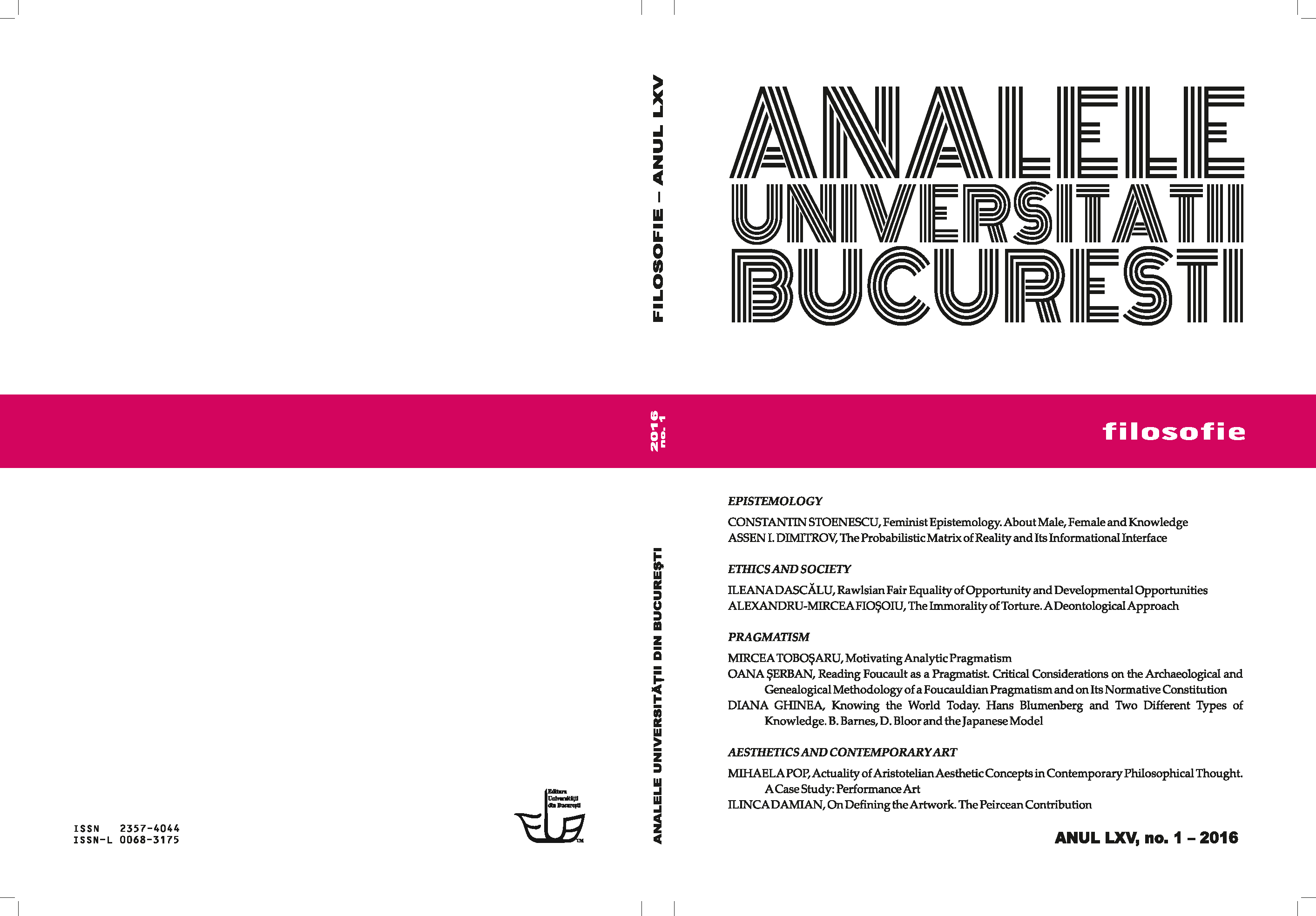Aparitia numarului 1/2016 al revistei The Annals of the University of Bucharest, Philosophy Series.