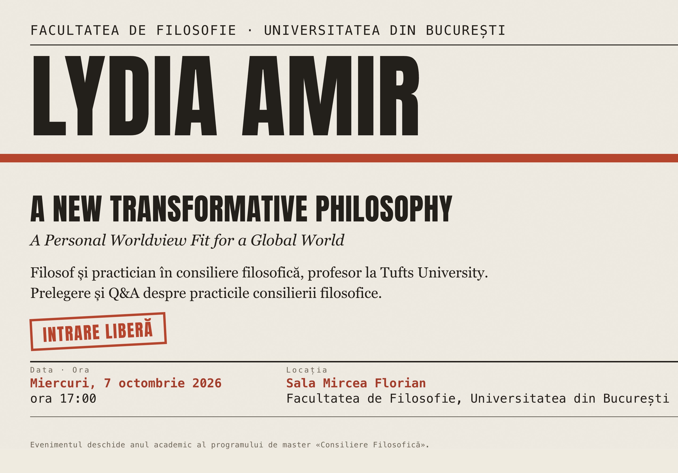 Lydia Amir la Facultatea de Filosofie: „A New Transformative Philosophy. A Personal Worldview Fit for a Global World”